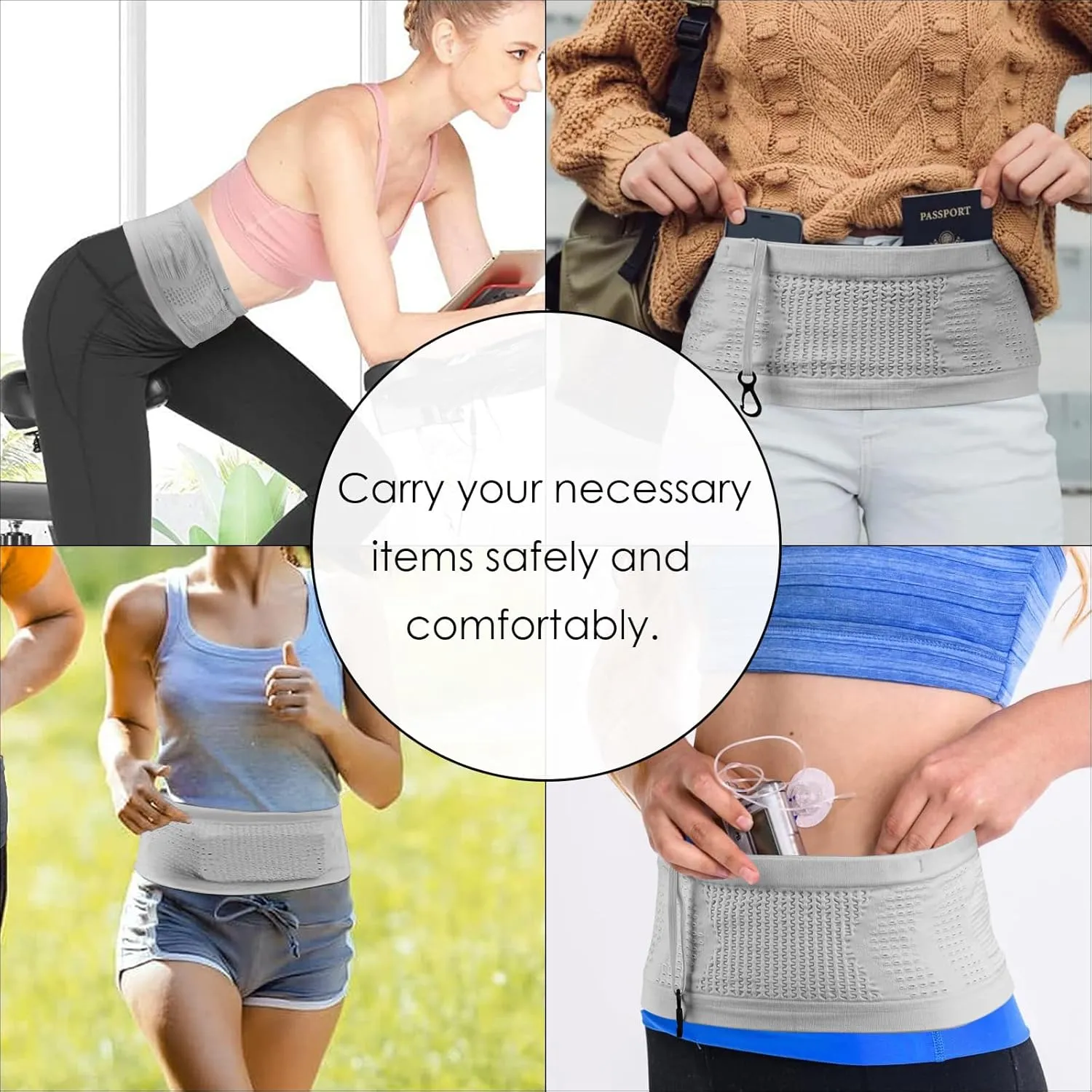 Slim Running Belt, Hidden Fanny Pack for Men Women, Travel Running Waist Pack for Money and Passport (Grey, Large)