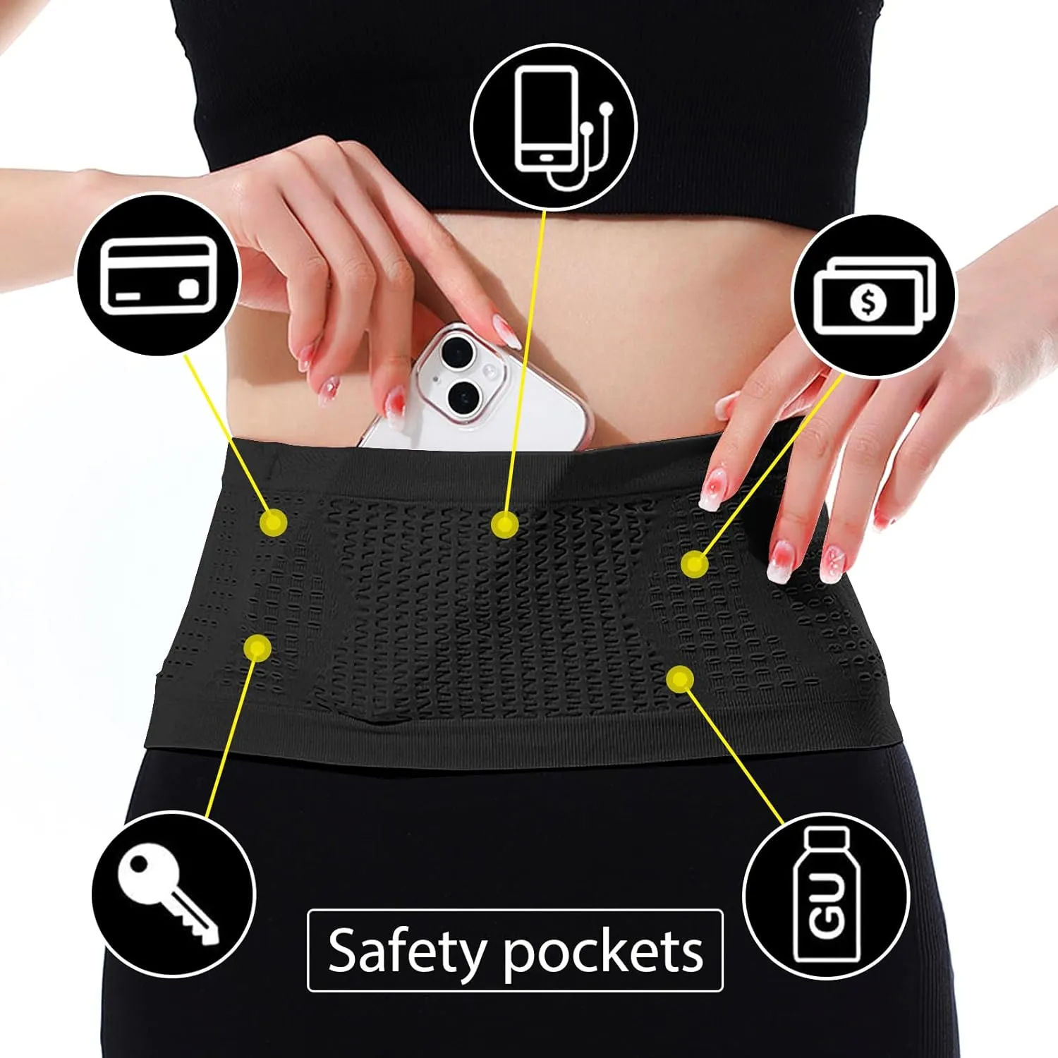 Slim Running Belt, Hidden Running Belt Fanny Pack for Men Women, Travel Running Waist Belt for Money and Passport (Black, Large)