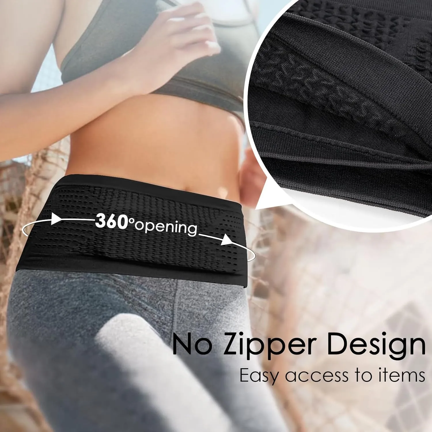 Slim Running Belt, Hidden Running Belt Fanny Pack for Men Women, Travel Running Waist Belt for Money and Passport (Black, Large)