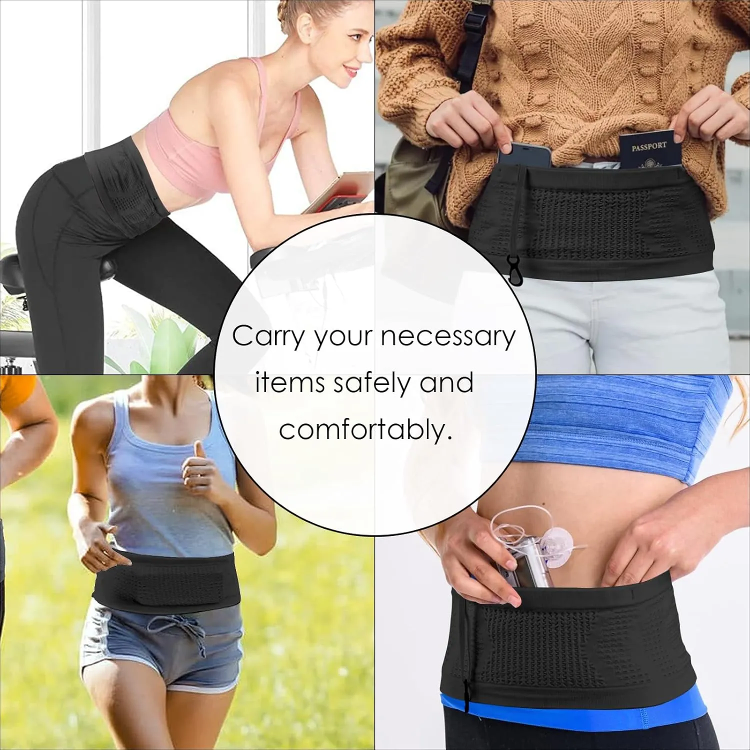 Slim Running Belt, Hidden Running Belt Fanny Pack for Men Women, Travel Running Waist Belt for Money and Passport (Black, Large)