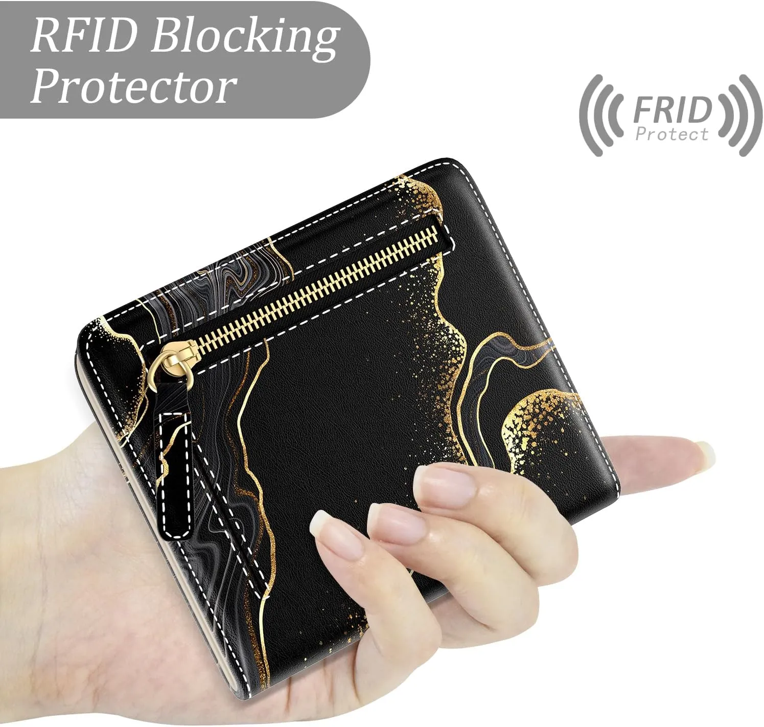 Small Wallet Women, Cute Marble RFID Blocking Credit Card Holder for Women, Leather Billfold Slim Card Holder Wallets for Travel, Thin Bifold Pocket Mini Coin Purse with ID Window, Black Gold