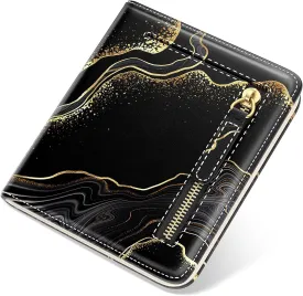 Small Wallet Women, Cute Marble RFID Blocking Credit Card Holder for Women, Leather Billfold Slim Card Holder Wallets for Travel, Thin Bifold Pocket Mini Coin Purse with ID Window, Black Gold