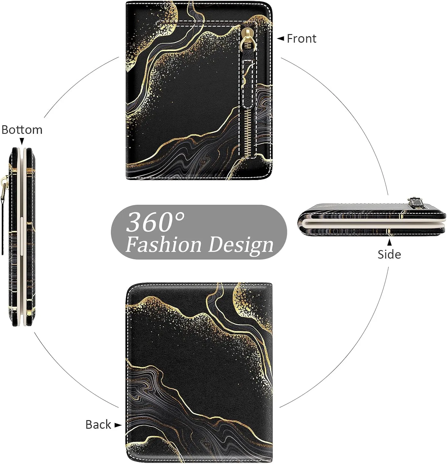 Small Wallet Women, Cute Marble RFID Blocking Credit Card Holder for Women, Leather Billfold Slim Card Holder Wallets for Travel, Thin Bifold Pocket Mini Coin Purse with ID Window, Black Gold