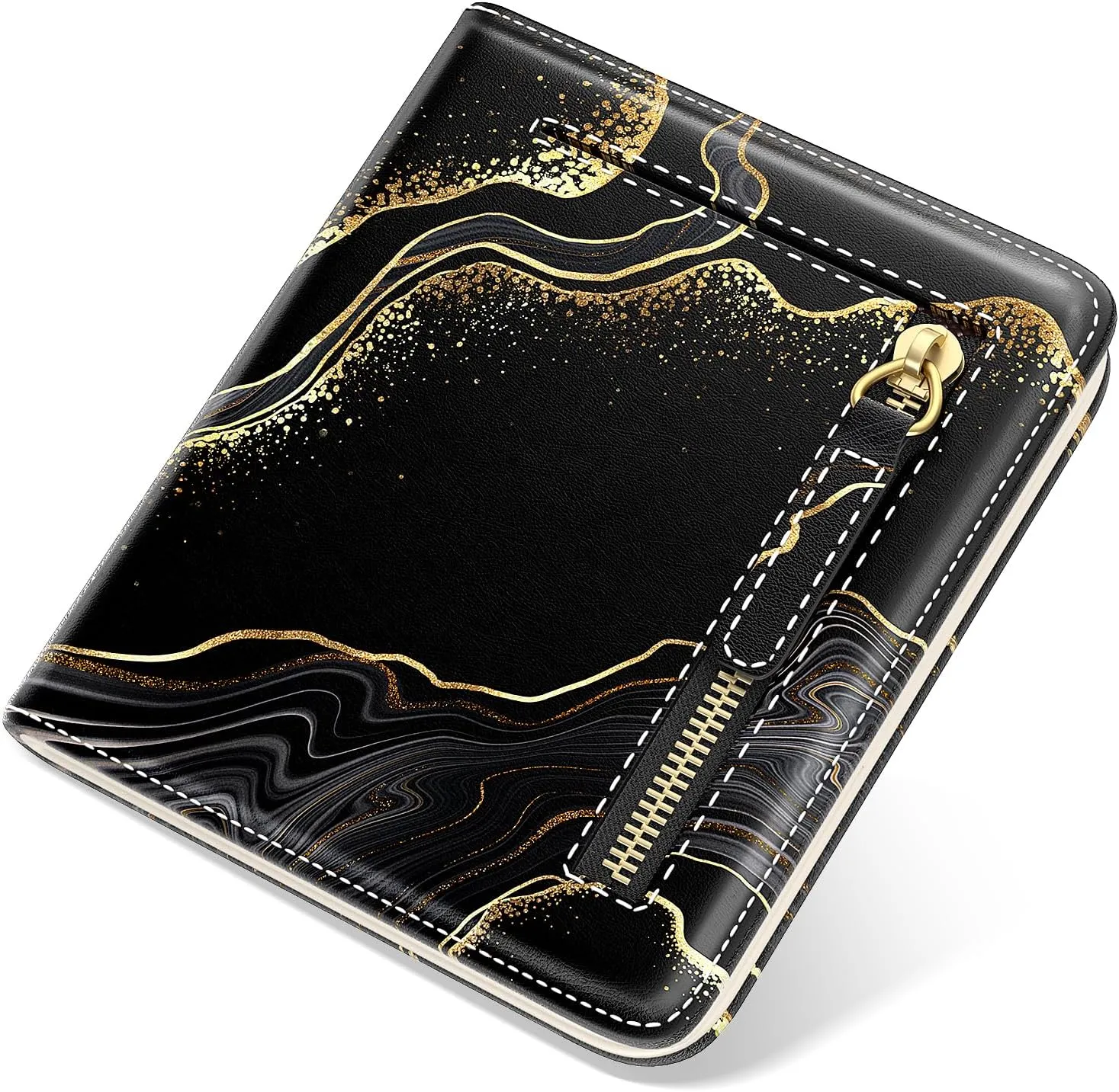 Small Wallet Women, Cute Marble RFID Blocking Credit Card Holder for Women, Leather Billfold Slim Card Holder Wallets for Travel, Thin Bifold Pocket Mini Coin Purse with ID Window, Black Gold