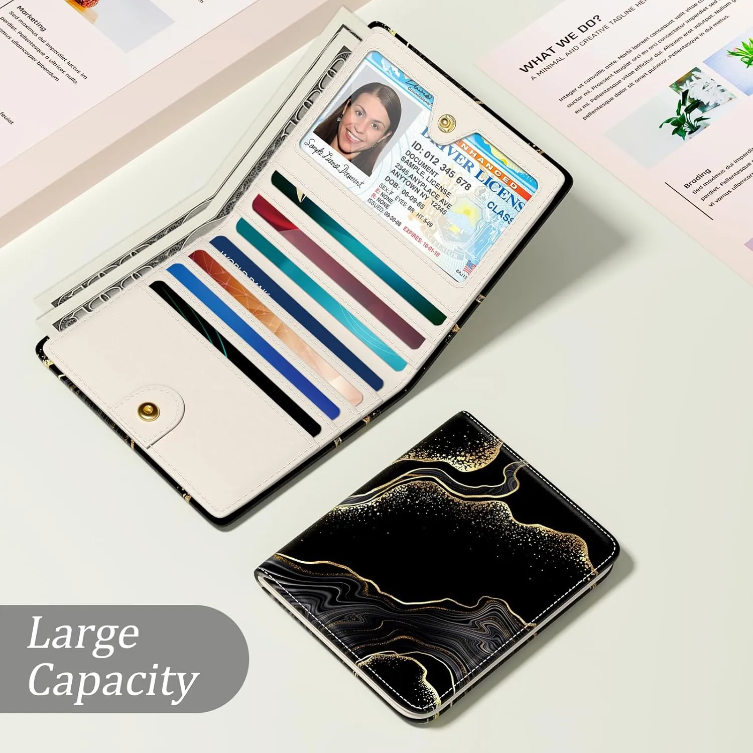 Small Wallet Women, Cute Marble RFID Blocking Credit Card Holder for Women, Leather Billfold Slim Card Holder Wallets for Travel, Thin Bifold Pocket Mini Coin Purse with ID Window, Black Gold