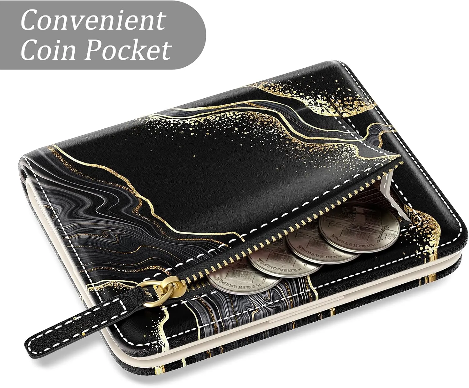 Small Wallet Women, Cute Marble RFID Blocking Credit Card Holder for Women, Leather Billfold Slim Card Holder Wallets for Travel, Thin Bifold Pocket Mini Coin Purse with ID Window, Black Gold