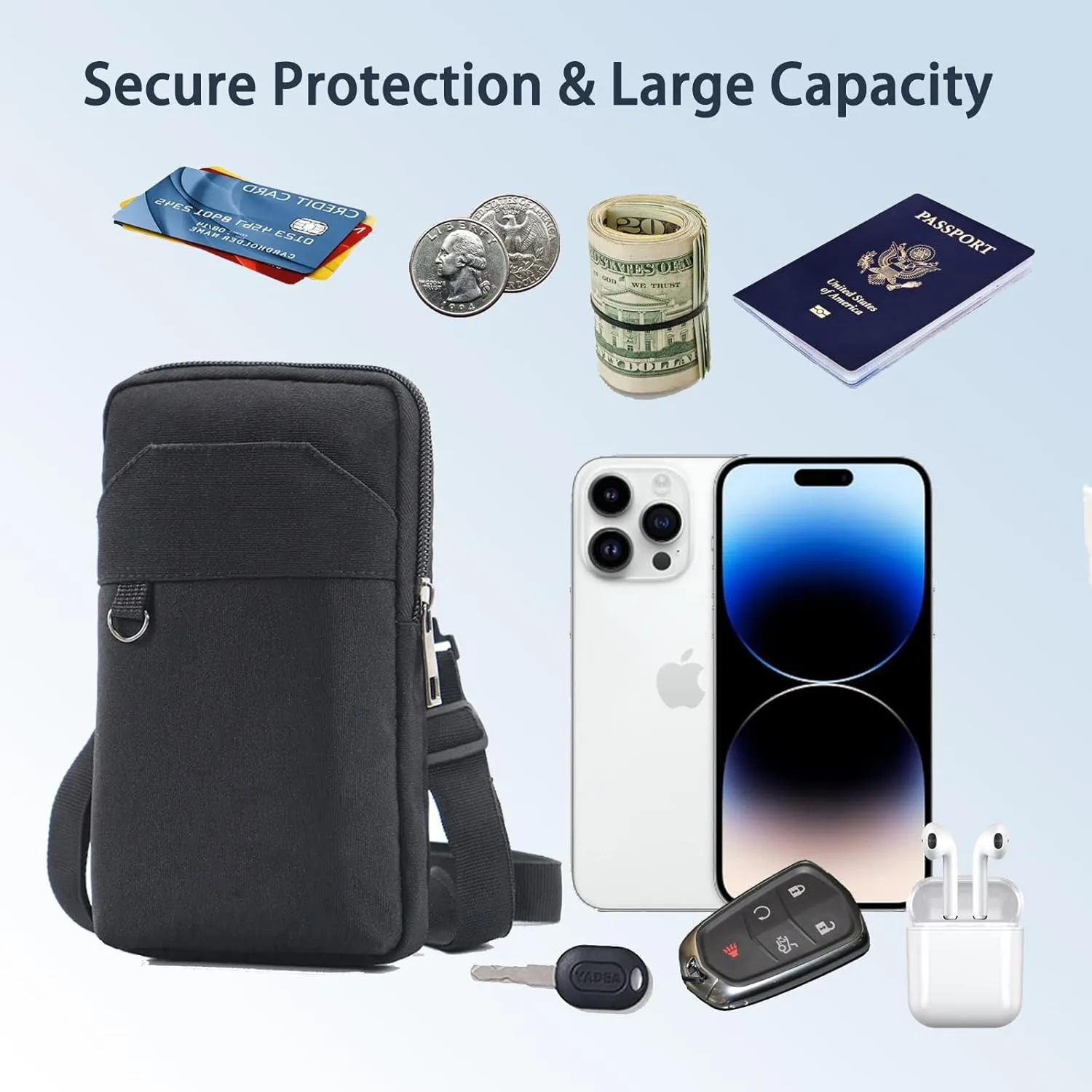 Travel Cell Phone Pouch Belt Pouch, Phone Holster Crossbody Bag with Shoulder Strap for iPhone Case Holder for Hand with Neck Lanyard Smartphone Walking Passport Wallet