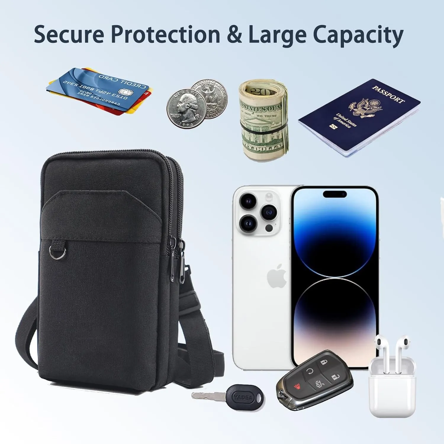Travel Cell Phone Pouch Belt Pouch, Phone Holster Crossbody Bag with Shoulder Strap for iPhone Case Holder for Hand with Neck Lanyard Smartphone Walking Passport Wallet