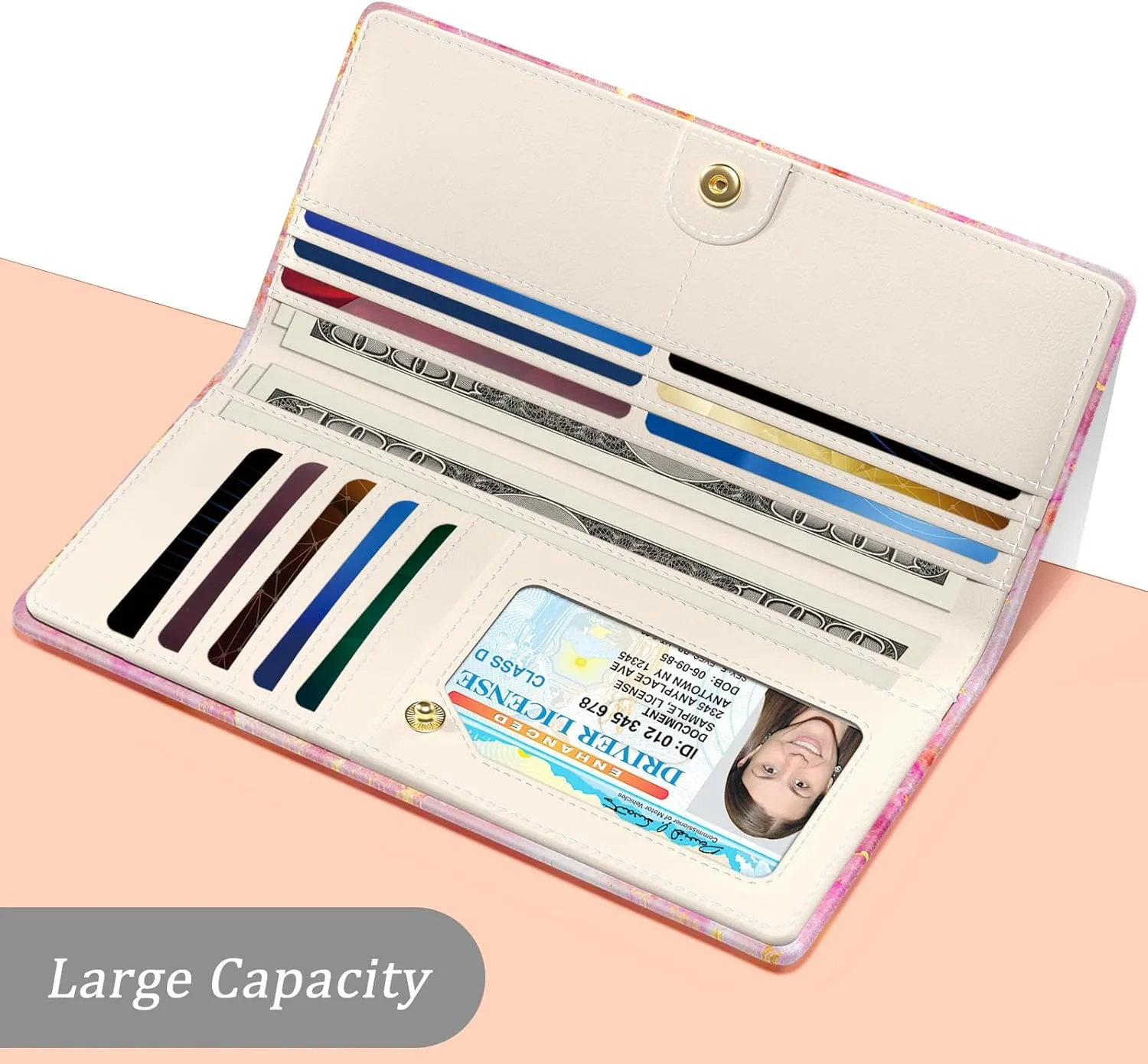 Wallet Women, Cute Marble RFID Blocking Credit Card Holder for Women, Slim Thin Leather Bifold Ladies Purse, Clutch Billfold Card Holder Wallets with 11 Card Slots & ID Window, Pink Gold