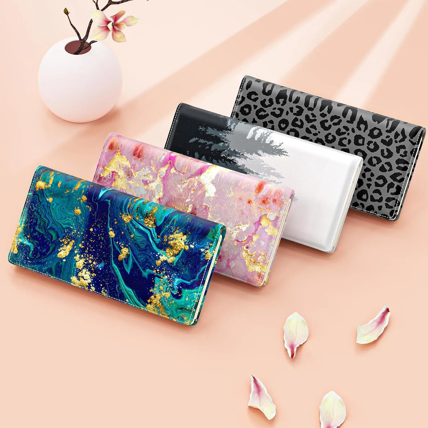 Wallet Women, Cute Marble RFID Blocking Credit Card Holder for Women, Slim Thin Leather Bifold Ladies Purse, Clutch Billfold Card Holder Wallets with 11 Card Slots & ID Window, Pink Gold