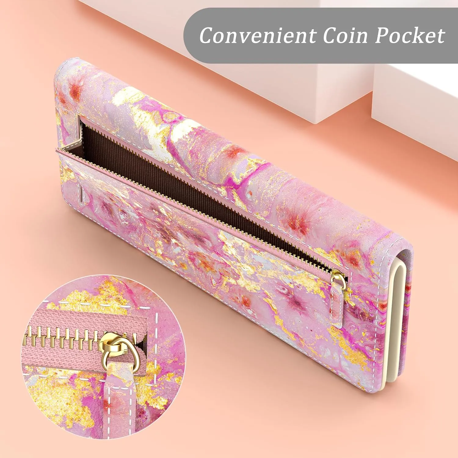 Wallet Women, Cute Marble RFID Blocking Credit Card Holder for Women, Slim Thin Leather Bifold Ladies Purse, Clutch Billfold Card Holder Wallets with 11 Card Slots & ID Window, Pink Gold