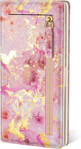 Wallet Women, Cute Marble RFID Blocking Credit Card Holder for Women, Slim Thin Leather Bifold Ladies Purse, Clutch Billfold Card Holder Wallets with 11 Card Slots & ID Window, Pink Gold