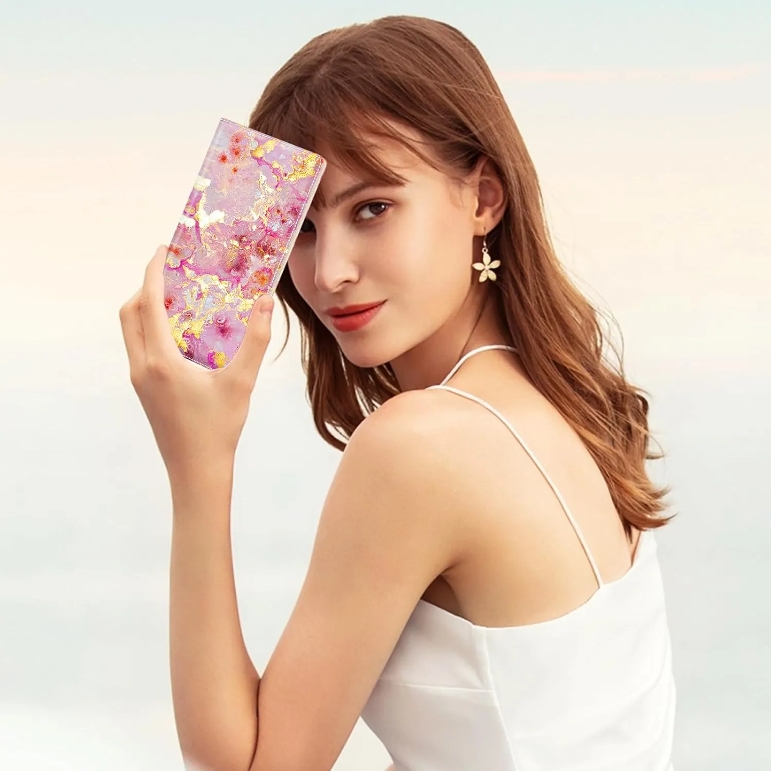 Wallet Women, Cute Marble RFID Blocking Credit Card Holder for Women, Slim Thin Leather Bifold Ladies Purse, Clutch Billfold Card Holder Wallets with 11 Card Slots & ID Window, Pink Gold