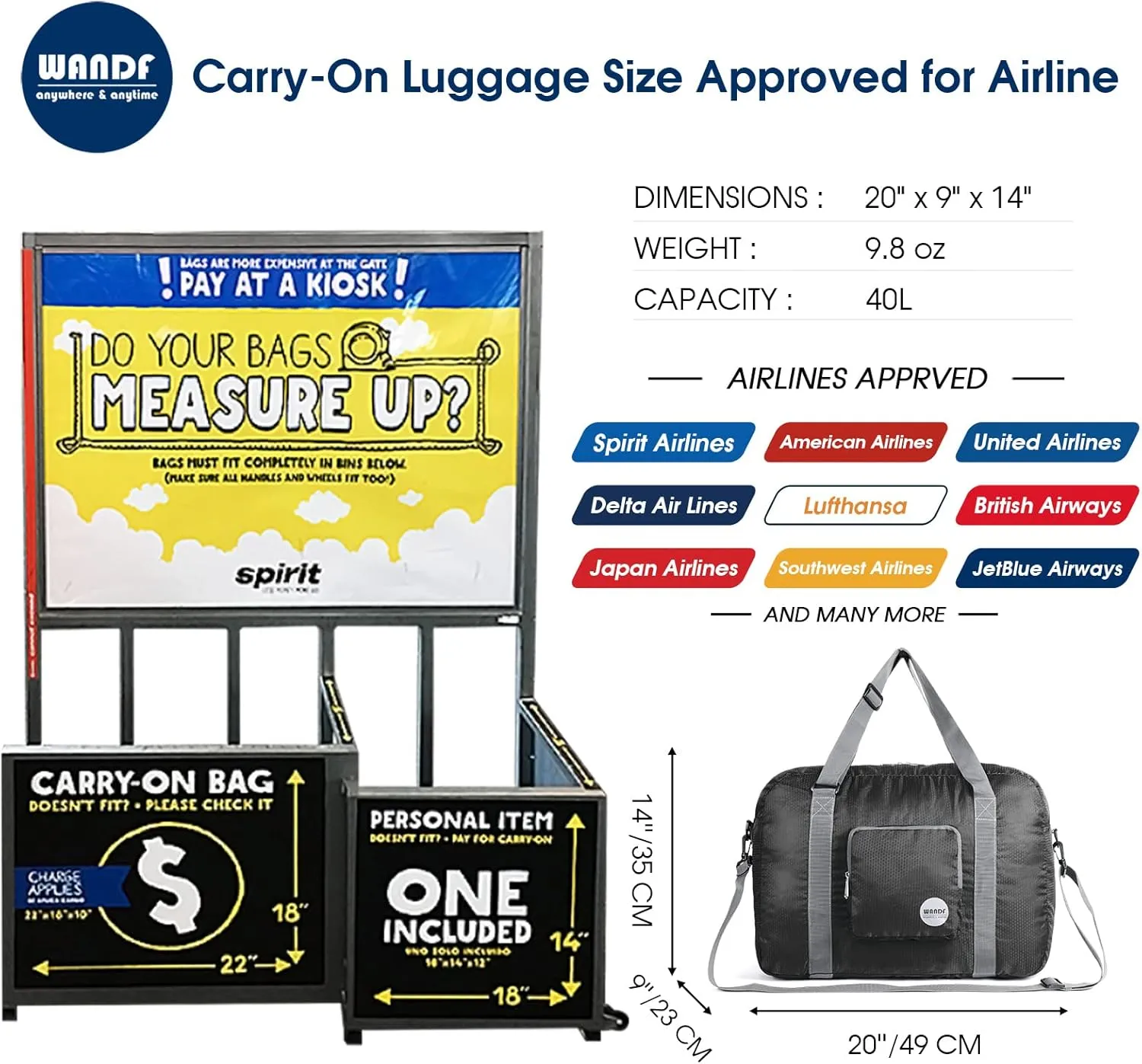 WANDF For Spirit Airlines Personal Item Bag 18x14x8 Foldable Travel Duffel Carry on Weekender Overnight for Women Men