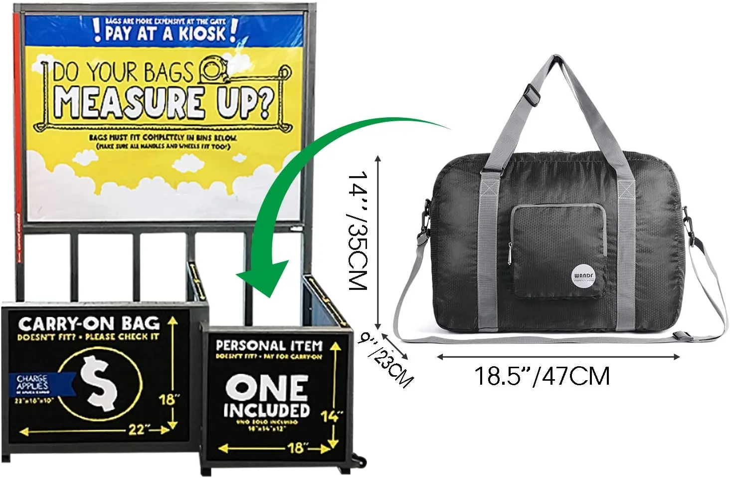 WANDF For Spirit Airlines Personal Item Bag 18x14x8 Foldable Travel Duffel Carry on Weekender Overnight for Women Men