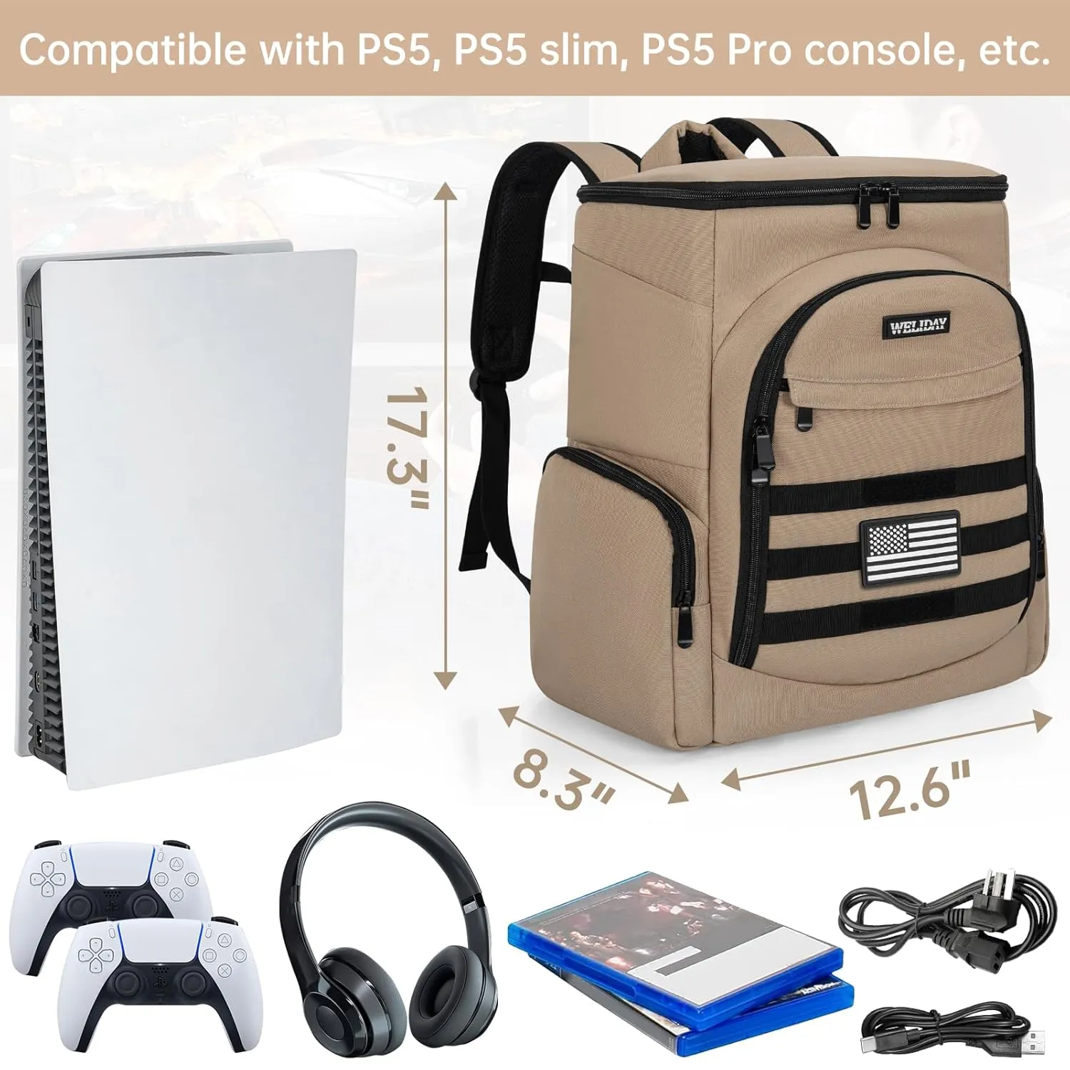 WELIDAY Gaming Console Backpack Compatible with PS5/PS5 Slim/PS5 Pro, Protective Travel Case with 15.6″ Laptop Compartment and Multiple Pockets (Khaki)