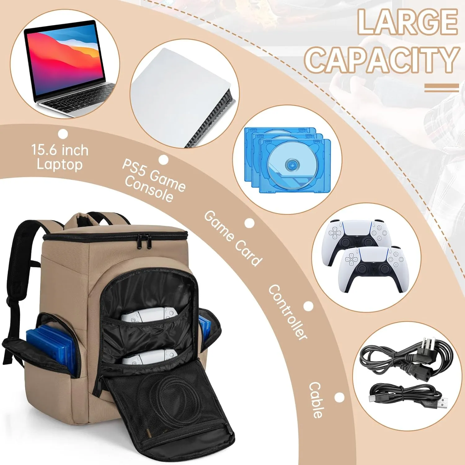 WELIDAY Gaming Console Backpack Compatible with PS5/PS5 Slim/PS5 Pro, Protective Travel Case with 15.6″ Laptop Compartment and Multiple Pockets (Khaki)