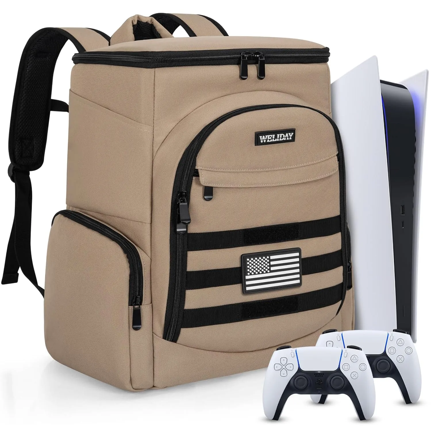 WELIDAY Gaming Console Backpack Compatible with PS5/PS5 Slim/PS5 Pro, Protective Travel Case with 15.6″ Laptop Compartment and Multiple Pockets (Khaki)