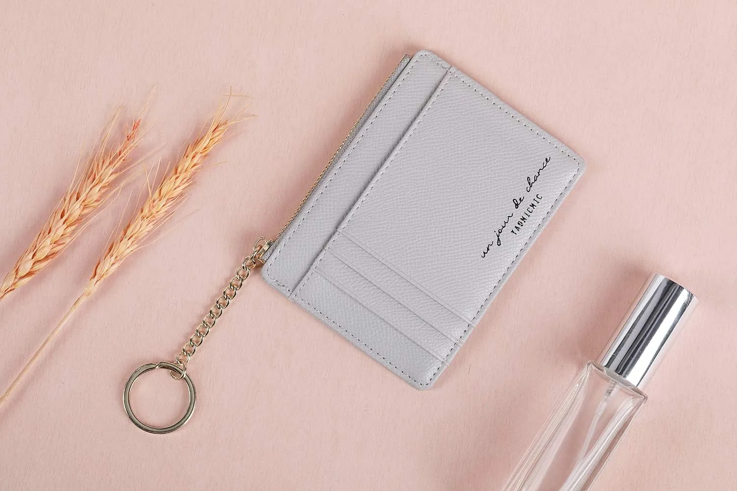 Women Slim Leather Card Case Holder Small Wallet Cute Coin Purse Girl Mini Wallet with Keychain (A-Grey)