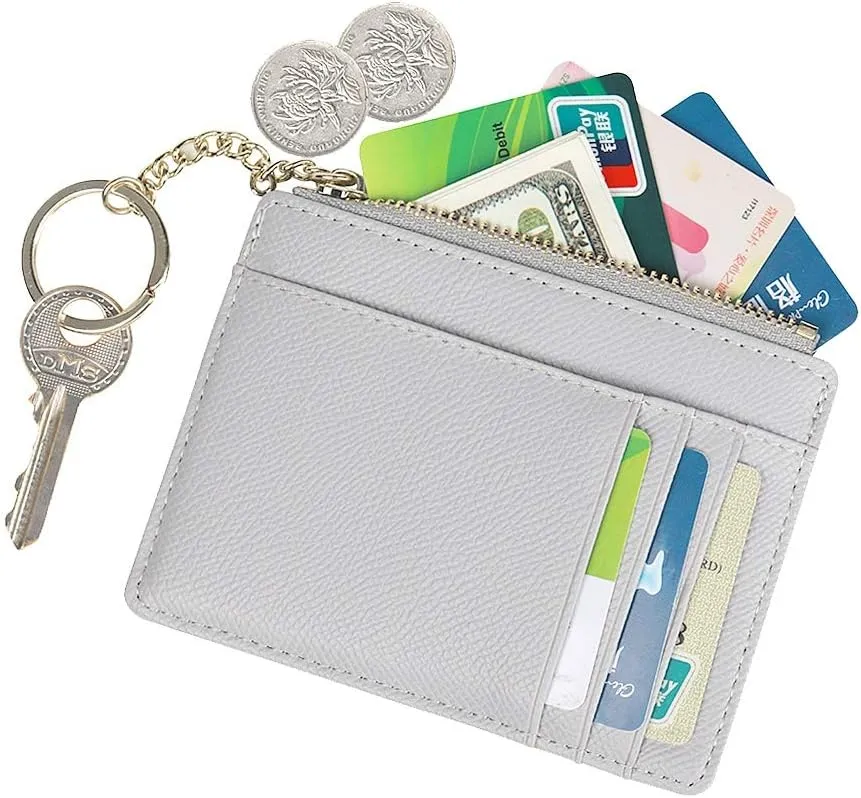 Women Slim Leather Card Case Holder Small Wallet Cute Coin Purse Girl Mini Wallet with Keychain (A-Grey)