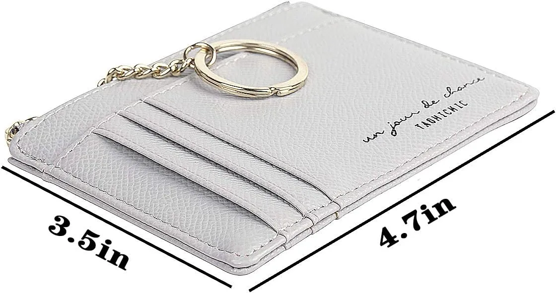 Women Slim Leather Card Case Holder Small Wallet Cute Coin Purse Girl Mini Wallet with Keychain (A-Grey)