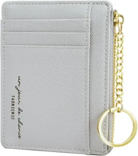 Women Slim Leather Card Case Holder Small Wallet Cute Coin Purse Girl Mini Wallet with Keychain (A-Grey)