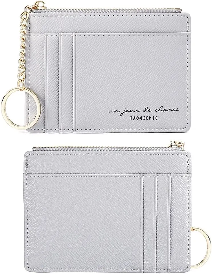 Women Slim Leather Card Case Holder Small Wallet Cute Coin Purse Girl Mini Wallet with Keychain (A-Grey)